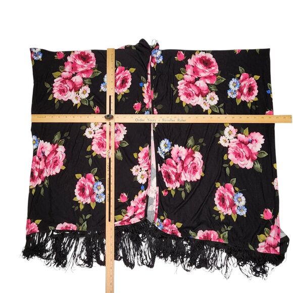 Sweet Rain Open Front Cardigan Womens M Boho Fringe Floral Kimono Black Pink - Picture 8 of 10